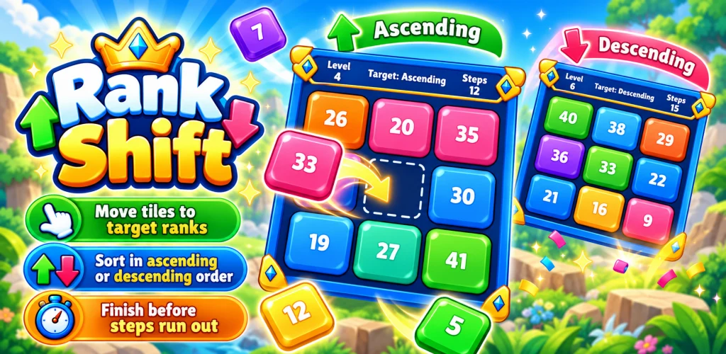 Rank Shift artwork with numbered tiles and ascending and descending puzzle boards