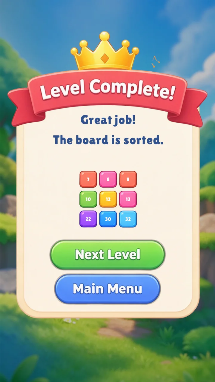 Rank Shift level complete screen with a successfully sorted board