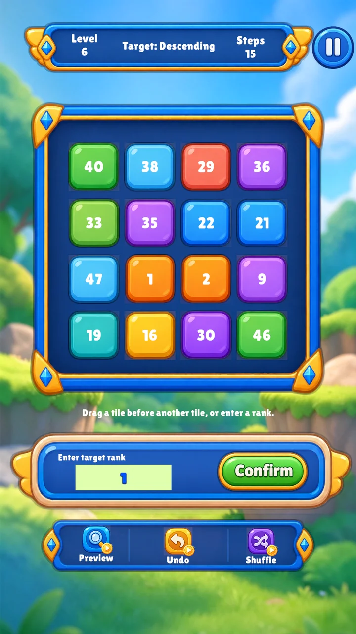 Rank Shift level 6 with a larger board and a descending target