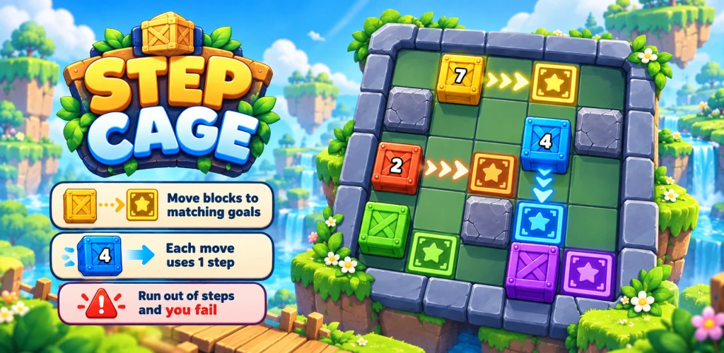 Step Cage artwork with colored blocks, matching star goals and obstacles on a grid